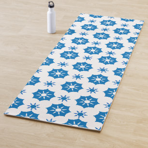 Tapete De Yoga Padrão Geométrico Floral Azul E Branco Elegante