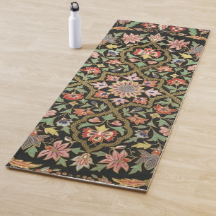 Tapete De Yoga Padrão Indígena Floral Vintage Preto e Pêssego Ros
