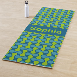 Tapete De Yoga Padrão Moderno de Link Retro em Azul e Verde