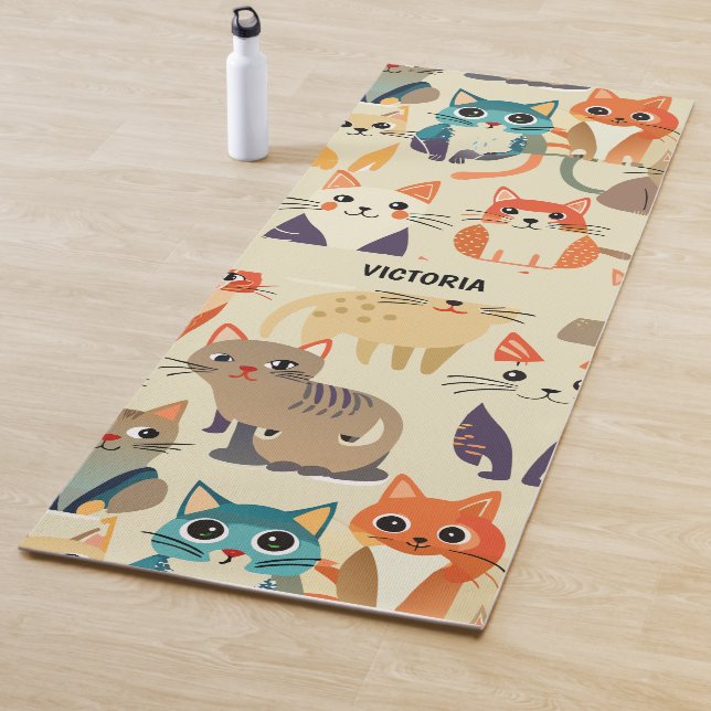 Tapete De Yoga Padrão Personalizado Cats Watercolor (In Situ)