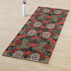 Tapete De Yoga Padrão Preto Vermelho Peônia Floral Japonês Vintag