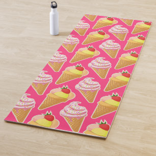 Tapete De Yoga Padrão rosa Kawaii com sorvete de morango