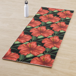 Tapete De Yoga Padrão sem costura Flores vermelhas tropicais Folh
