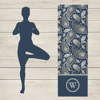 Tapete De Yoga Paisley em Azul Marinho com Visual Vintage Monogra