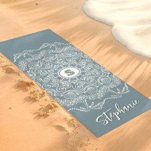 Tapete De Yoga Palm Tree Seashell Mandala Monograma Blue Beachy