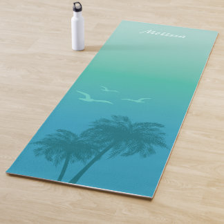 Tapete De Yoga Palmeiras e Pássaros Azul Água Tropical Verão