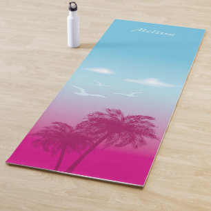 Tapete De Yoga Palmeiras Rosa Cena de Verão Tropical e Nome