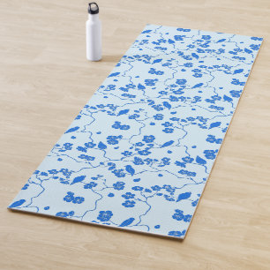 Tapete De Yoga Pássaros com flores azuis
