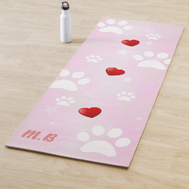 Tapete De Yoga Patas Rosa e Branco com Corações Vermelhos