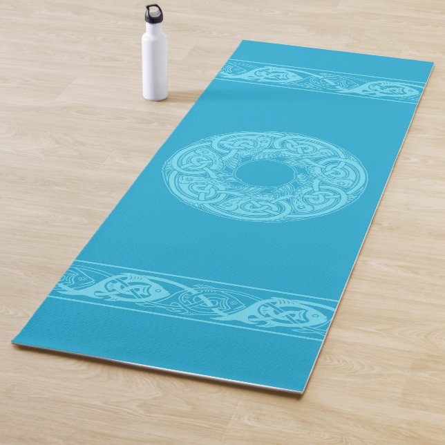 Tapete De Yoga Peixes de Knotwork Celta em Azul (In Situ)