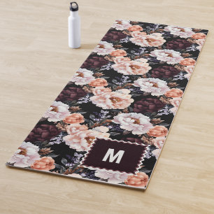 Tapete De Yoga Pêonias Escuras Padrão Floral Monograma