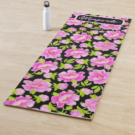 Tapete De Yoga Peônias Florais em Aquarela Preta