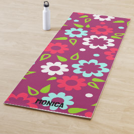 Tapete De Yoga Personalizado Vermelho Branco Floral Colorido Nome