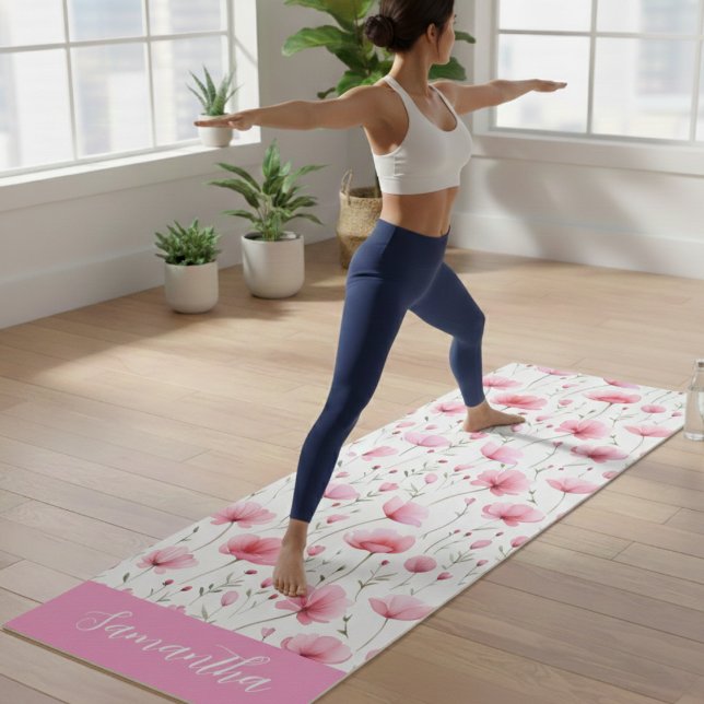 Tapete De Yoga Pink Watercolor Wildflower Name (Criador carregado)