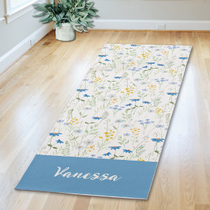 Tapete De Yoga Pintura em Aquarela de Flor Silvestre Azul com Nom
