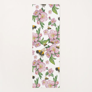 Tapete De Yoga Pomar de maçã em flor com abelhas desenho aquarela