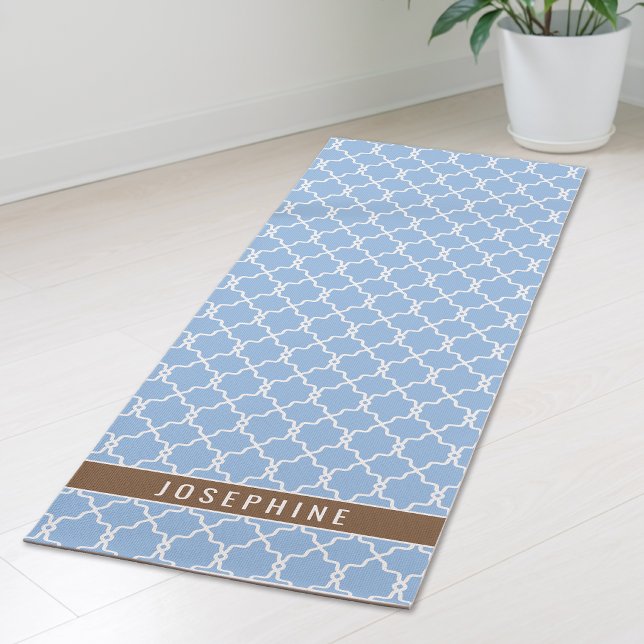 Tapete De Yoga Powder Blue And Brown Trellis Pattern With Name (Criador carregado)