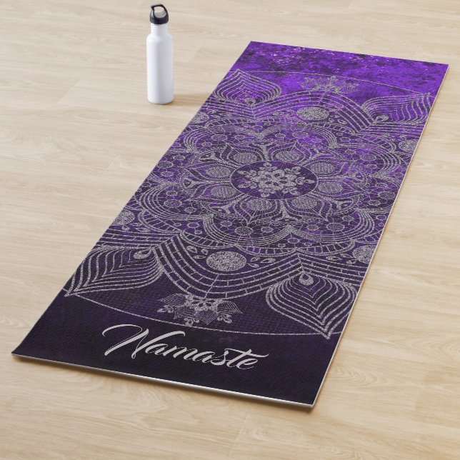 Tapete De Yoga Prata Floral Elegante e Mandala Roxo  (In Situ)