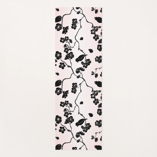 Tapete De Yoga Preto em Pássaros Padrões Rosa e Flores de Cereja (Frente)