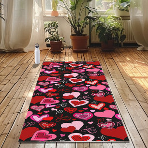 Tapete De Yoga Preto Rosa Vermelho Corações Amor Padrão