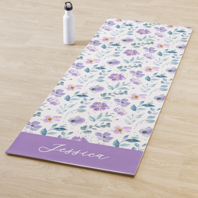 Tapete De Yoga Purple Green Watercolor Wildflower Custom Name (In Situ)