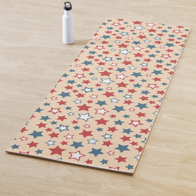 Tapete De Yoga Red and Blue Stars, 4th of July, Beige Background (In Situ)