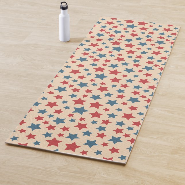 Tapete De Yoga Red and Blue Stars, 4th of July, Beige Background (In Situ)