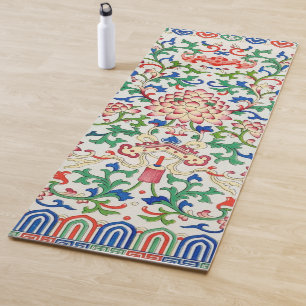 Tapete De Yoga Retro China Lotus Botanical on White Chinoiserie