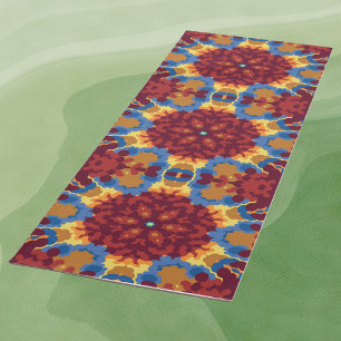 Tapete De Yoga Retro Mandala Vermelho Azul e Amarelo