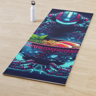 Tapete De Yoga Robô Futurista Ciberpunk Neon Comida Ramen