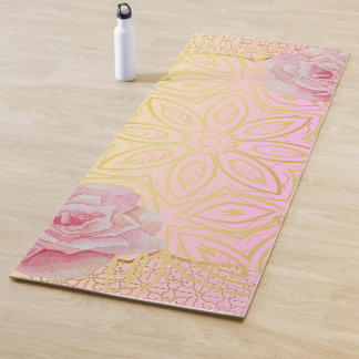 Tapete De Yoga Rosa Dourado e cor rosa de água Mandala
