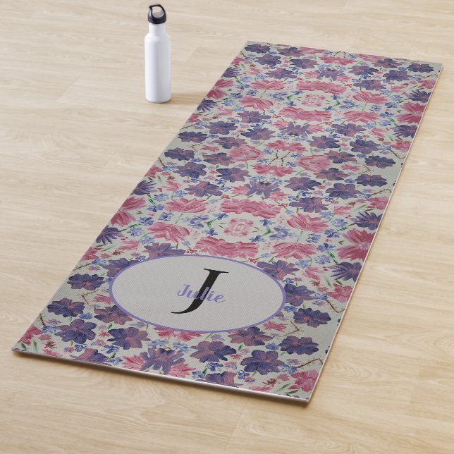 Tapete De Yoga Rosa Floral de Lua Azul Monograma Yoga Mat (In Situ)