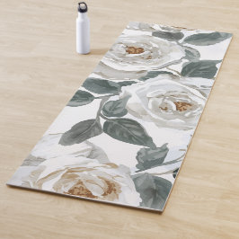 Tapete De Yoga Rosas de Jardim | Floral Vintage aquarela branca