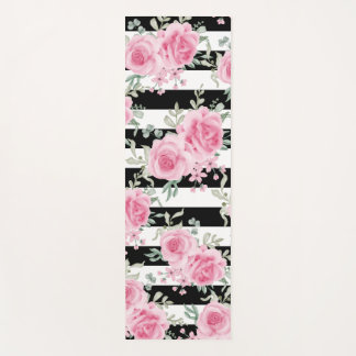 Tapete De Yoga Rosas Florais Rosa bonito Stripes Negras Yoga Mat