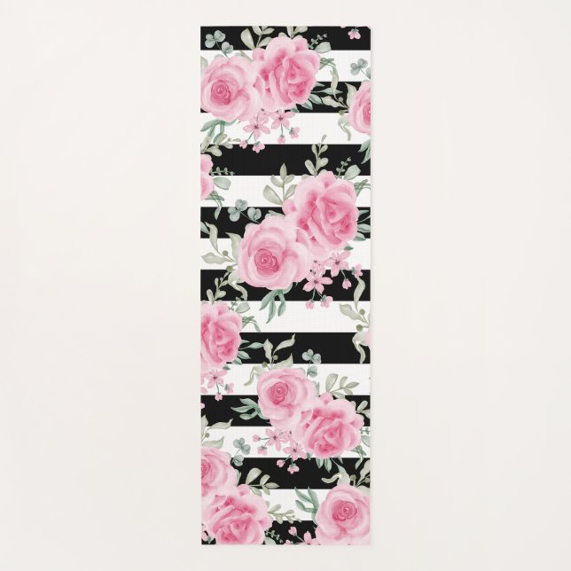 Tapete De Yoga Rosas Florais Rosa bonito Stripes Negras Yoga Mat (Frente)