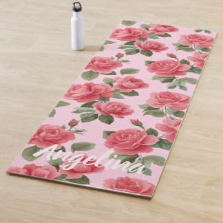 Tapete De Yoga Rosas Pink Românticas Padrão Botânico Personalizad
