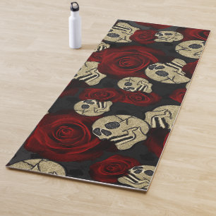 Tapete De Yoga Rosas Vermelhas & Caveiras Cinza Preto Floral Góti