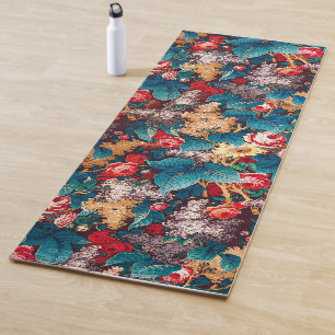 Tapete De Yoga Rosas vermelhas de vindima e padrão floral lilás