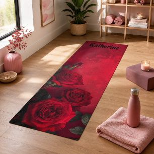 Tapete De Yoga Rosas Vermelhas Vintage Nome Personalizado