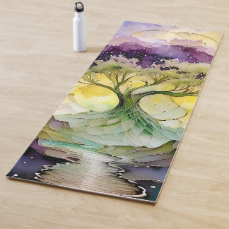 Tapete De Yoga Roxo Verde Amarelo Azul Fantasia Árvore & Rio