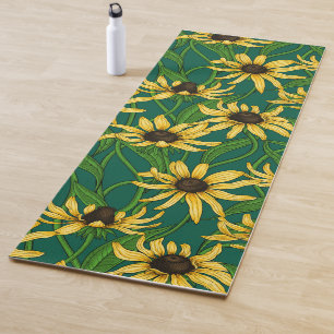 Tapete De Yoga Rudbekia amarela em verde escuro
