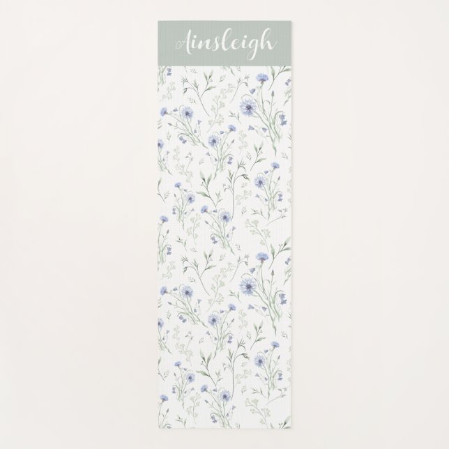 Tapete De Yoga Sage Blue Watercolor Wildflower Monogram Name (Frente)