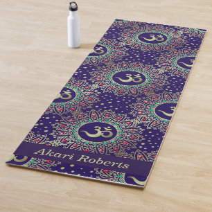 Tapete De Yoga Símbolo Om Personalizado Dourado Blue Mandala