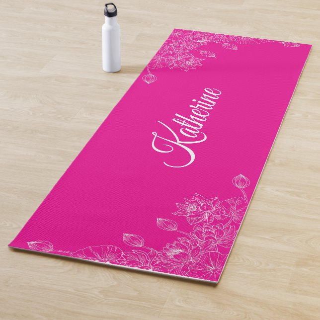 Tapete De Yoga Simple Modern Floral Script Name Hot Pink Lotus  (In Situ)