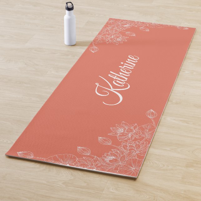 Tapete De Yoga Simple Modern Floral Script Name Orange Lotus  (In Situ)