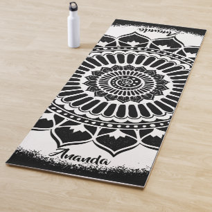 Tapete De Yoga Spirals Dots Flores Brancas em Black Henna Mandala