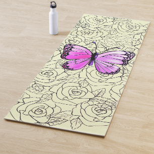 Tapete De Yoga Sua Coloração Yoga Mat com borboleta rosa e Rosa