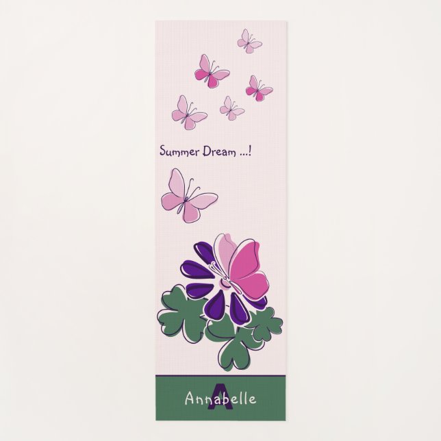 Tapete De Yoga Summer Dream Borboletas Rosa Violeta Nome Flor (Frente)