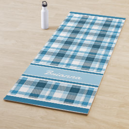 Tapete De Yoga Tartan Xadrez Branco Azul-claro-escuro personaliza