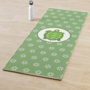 Tapete De Yoga Tartaruga Grande e Flores Brancas em Verde Lima